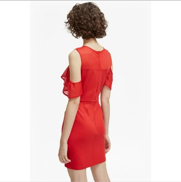 FRENCH CONNECTION Asymmetric Shoulder Dress Ruffle Mini Red Sz 2 - Picture 8 of 9